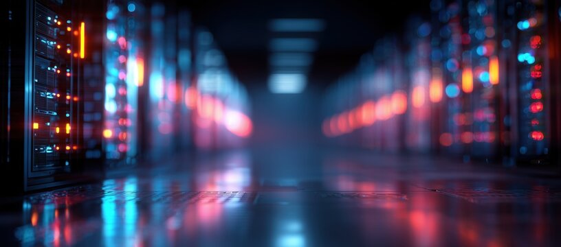 Computer server room with a blue background