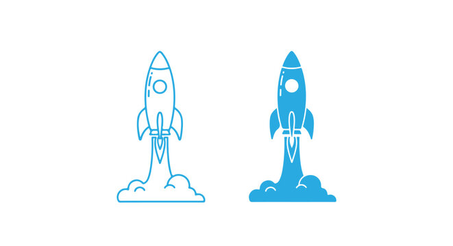 Two blue rocket ship icons taking off with smoke with one icon is a line