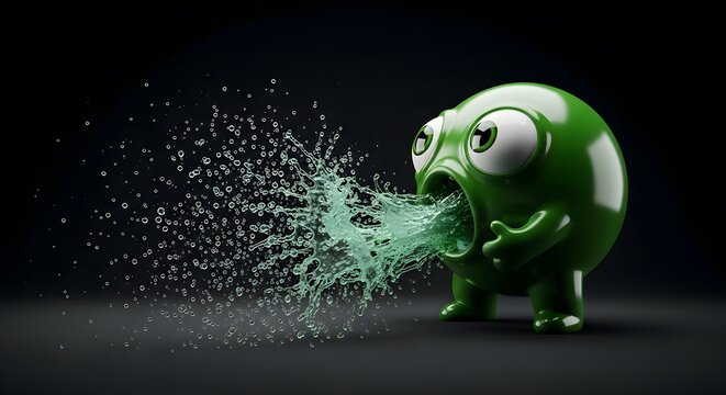 Glossy green 3D orb character vomiting liquid splash on dark background. Concept of sickness, nausea, and funny surreal mascot.
