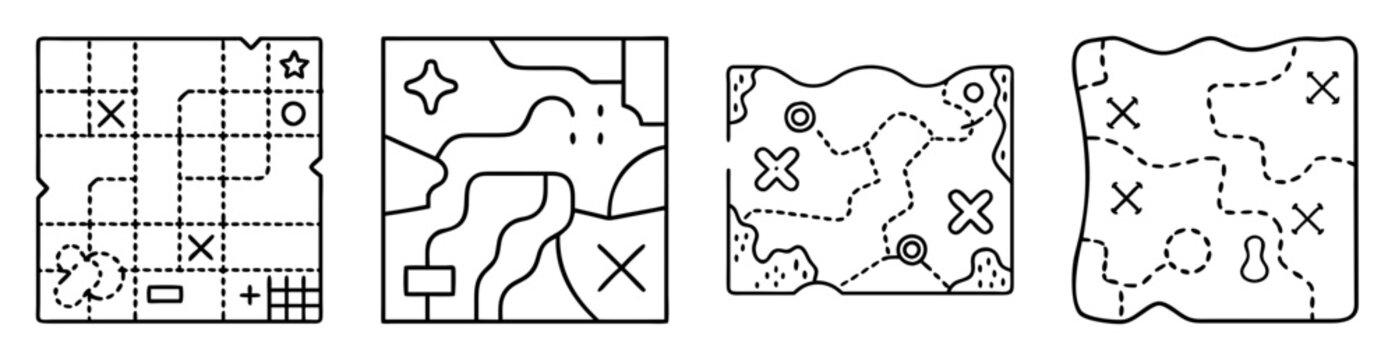 Four unique stylized treasure maps with various symbols and marked locations