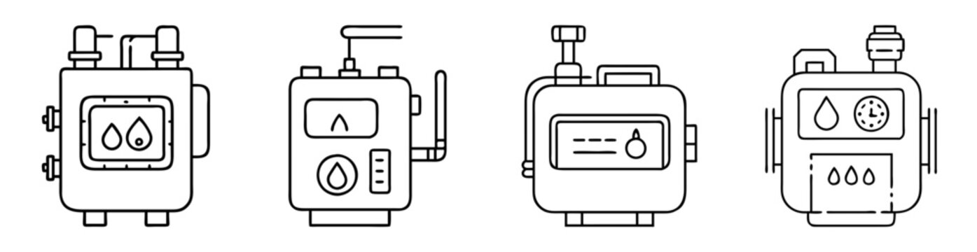 Vector illustration of four distinct gas meters with unique designs and features