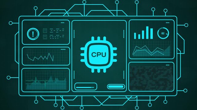 central processing unit concept video, 4k motion footage of glowing cpu chip with digital network and tech data visualization