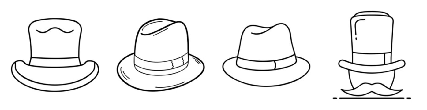 Collection of four different hats in a black outline cartoon style