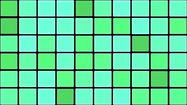 Color patterns shift in a grid of squares with various shades of green as blocks change positions in a rhythmic sequence