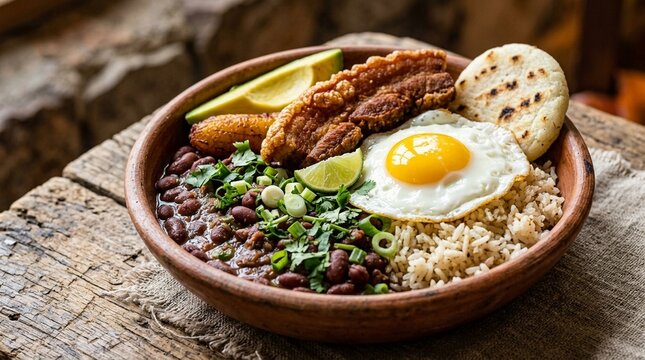 Bandeja Paisa with Beans Rice Chicharr&oacute;n and Egg Glazed and Garnished in Clay Bowl with Earthy Textured Background Close-Up Macro Detail Food Stock Photo