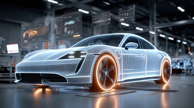 Car is shown in a factory with a computer monitor in the background