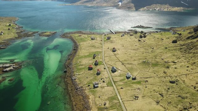 Aerial images of Vindstad in Lofoten, Norway, drone footage, 4k 30fps