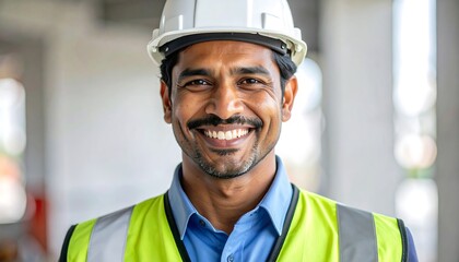 Fototapeta premium Smiling construction worker in safety gear looking at camera.