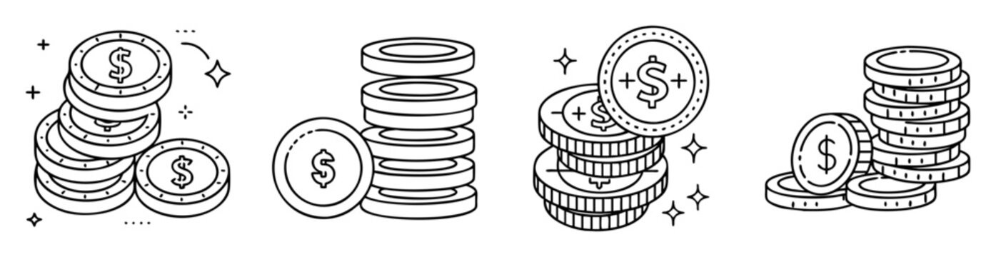 stacks of shining dollar coins, black and white line drawing style