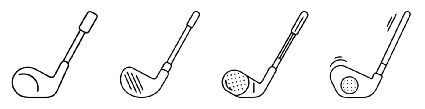 Four different types of golf clubs in a black and white line drawing