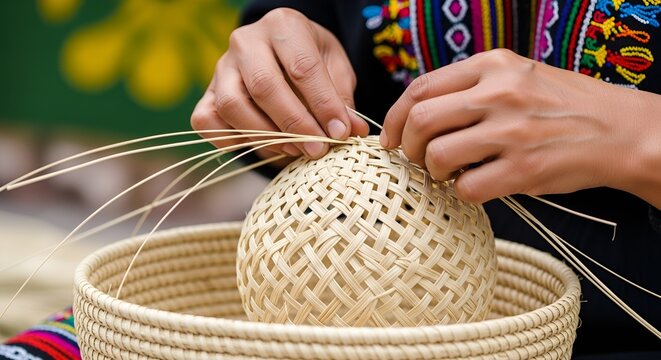 Filipino artisan crafts a traditional basket from natural fibers amid colorful handmade items
