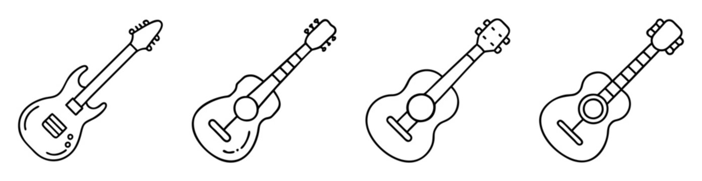 Line Art Representation of Stringed Instruments, Electric Guitar, Ukulele, Acoustic Guitar