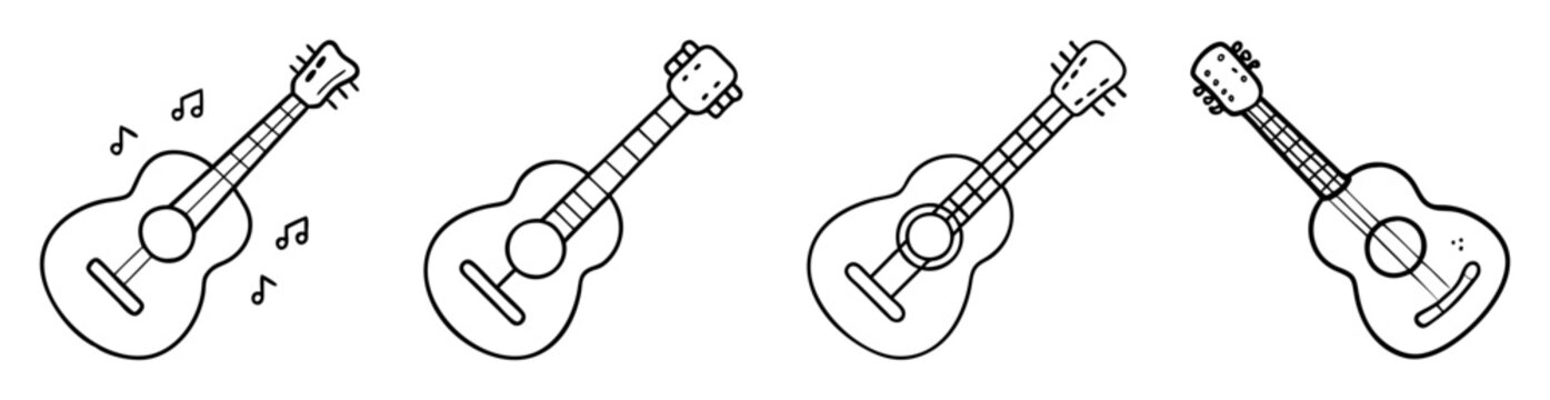 Four line art illustrations of ukuleles with a clean and simple design