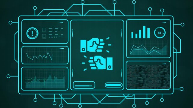4k futuristic blockchain data dashboard with glowing neon charts and crypto analytics motion