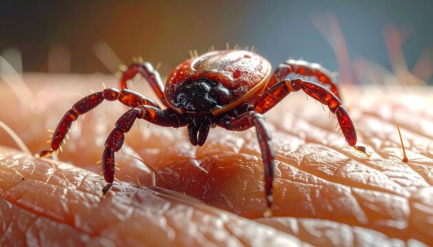 Close-up of a tick on human skin, a potential health hazard.