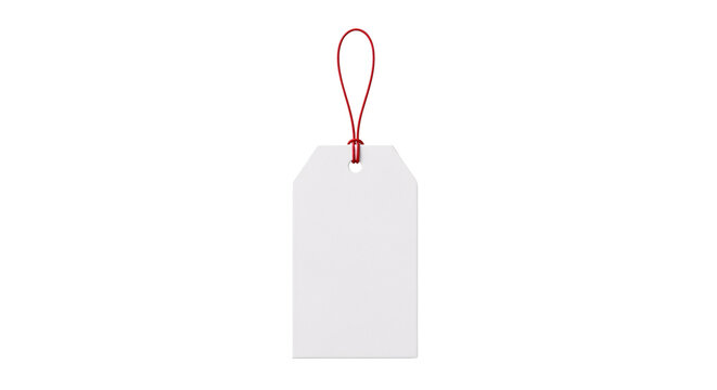 White rectangular tag with red string on transparent background.