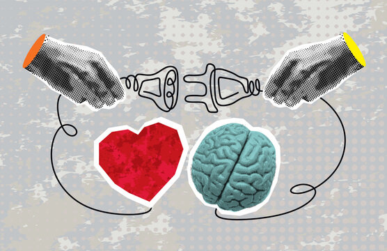 Trendy Halftone Collage. Emotional intelligence, control of feelings, emotions, brain logical thinking, empathy, social skill, self-control, balance, man connects, heart, brain, logical thinking,