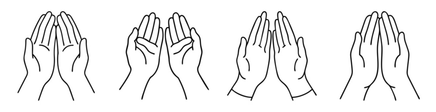 Various hand gestures showing support, cupping, prayer, and giving in simple line art