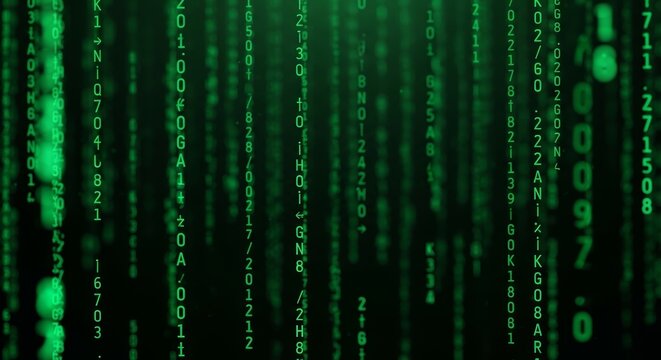 Abstract representation of falling green binary code on a black background, symbolizing data and technology in a digital world