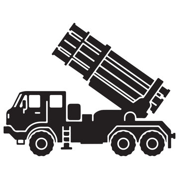 Military Multiple Launch Rocket System MLRS Truck Silhouette, Heavy Artillery Vehicle Icon for Defense and Tactical Warfare Concepts, Clean Black Vector Graphic on White Background.
