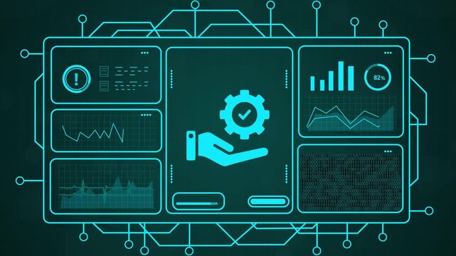 Futuristic Data Dashboard with Business Process Analytics video animation.4k futuristic technology dashboard with gear animation and data charts motion graphics