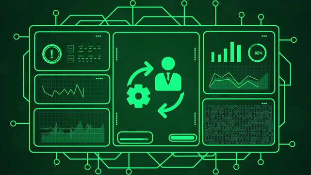 Advanced Tech Dashboard for Corporate Workflow Optimization,4k digital recycling loop animation with glowing green tech network and data charts