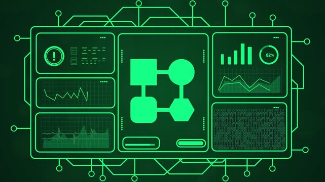futuristic HUD interface processing real-time data analytics in glowing cyan neon - 4K loop,4k futuristic blockchain technology animation with glowing green data flow and digital network