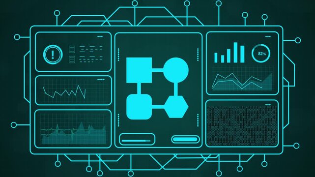  futuristic HUD interface processing real-time data analytics in glowing cyan neon - 4K loop,Animated futuristic digital dashboard with blue neon graphs and charts