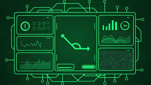 Futuristic digital interface display with green glowing charts and graphs, representing data analysis and technology, with upward trend arrow.