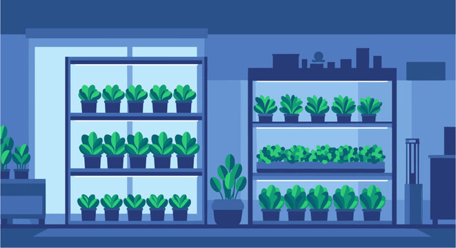 Modern indoor vertical farm with multiple shelves of thriving green plants and crops under artificial light, illustrating sustainable agriculture.