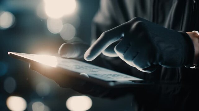 Tablet technology with gloved hand touch interaction on digital screen and light reflection in dark luxury summer resort environment close up