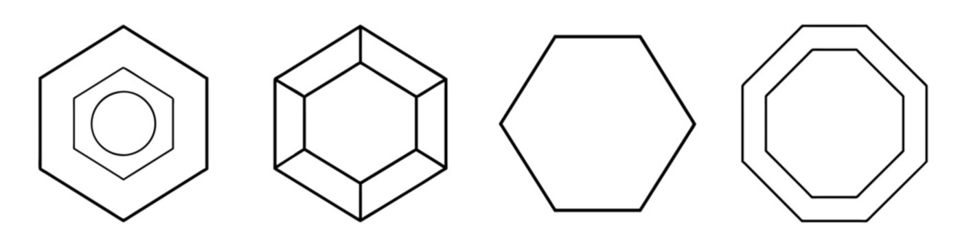 Illustration of geometric shapes including hexagons, cubes and octagons, minimalistic design
