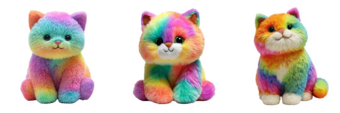 Set of A real photograph of a cheerful multicolored cat plush toy, front-facing view on transparent png background. Ai generated