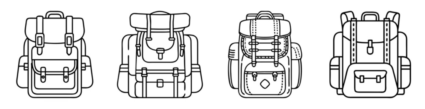 Four different line art backpacks for hiking and camping adventures
