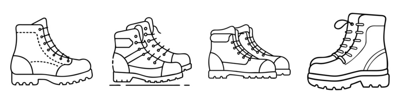Line art of four different styles of boots suitable for outdoor activities