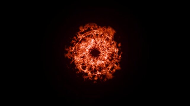 Cinematic fiery shockwave explosion with intense orange flames, glowing heat energy and radiating particles bursting outwards on a black background, perfect for action movie trailers and visual effect