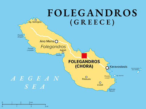Folegandros, Greek island, political map. Small Greek island in the Aegean Sea, and part of the southern Cyclades, with three small villages Chora, Karavostasis, and Ano Meria. Illustration. Vector