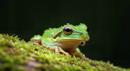 Obraz premium Vibrant Green Tree Frog Covered in Raindrops with Dripping Water