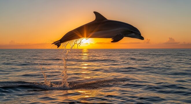 A majestic dolphin leaps out of the ocean during a breathtaking sunset, creating a stunning silhouette against the vibrant sky