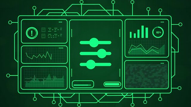 Futuristic digital interface with glowing green data visualizations, graphs, and control sliders on a dark background.