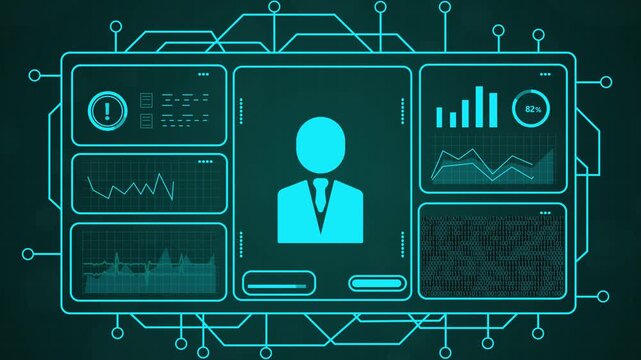 Digital user profile interface with data analytics and charts, futuristic technology concept