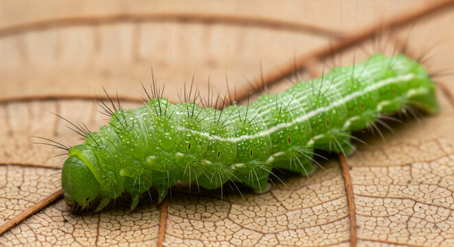 Vibrant Green Caterpillar with Dew Drops on Textured Dry Leaf