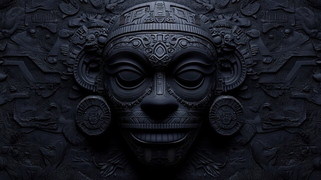 A stone-textured relief of an ancient-style face with large eyes and circular earrings, featuring complex tribal or aztec patterns