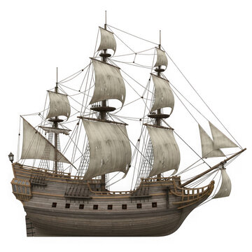 A vintage wooden pirate ship model with detailed rigging and masts stands isolated on white as a majestic old sailing vessel