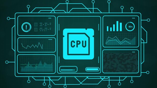 Digital interface displaying CPU chip icon with glowing blue circuit lines and data analytics screens