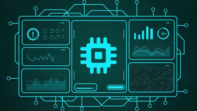 Digital interface displaying central CPU chip and data analytics, futuristic technology concept