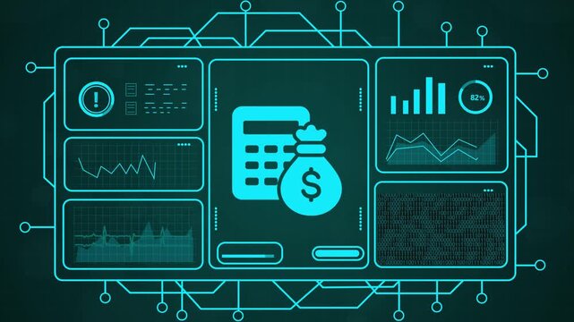 Digital finance dashboard with calculator and money bag icon, showing financial data analytics and charts in futuristic interface.