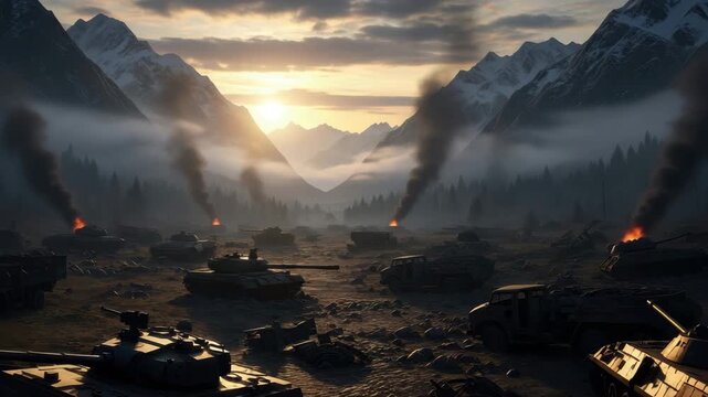 Tanks are scattered across a valley as smoke rises in the mountains during sunset