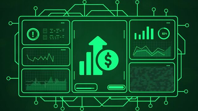 Digital screen showing financial growth chart with dollar icon and data analytics on futuristic interface, 4k motion graphics.
