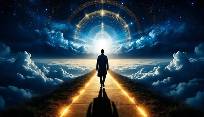 Obraz premium Man walking towards glowing portal in surreal sky at night 